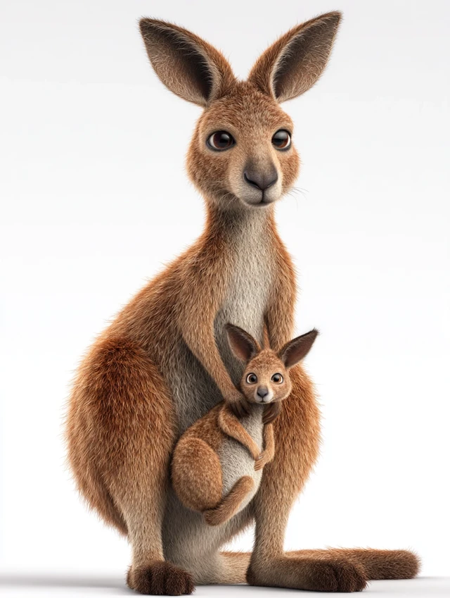 3D Realistic Kangaroo Mother and Baby Isolated