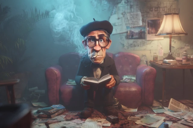 Anxious Man in Black Suit Smoking and Reading