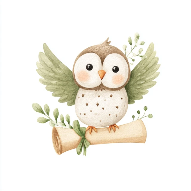 Cute Watercolor Owl with Scroll Halloween Illustration