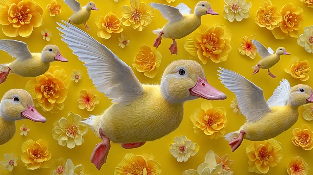 Yellow Ducks Flying Among Flowers - Photorealistic Image
