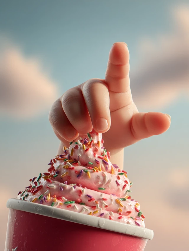 Childs Hand Dipping Finger into Ice Cream Close Up