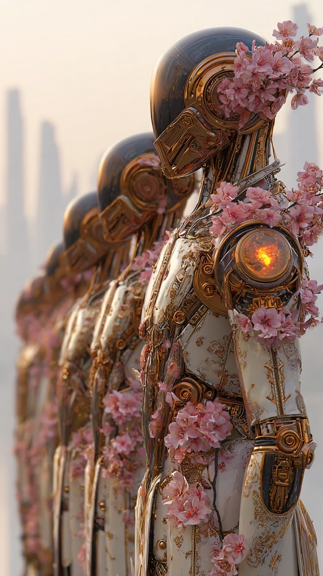Futuristic Androids in Floral Armor at Dawn