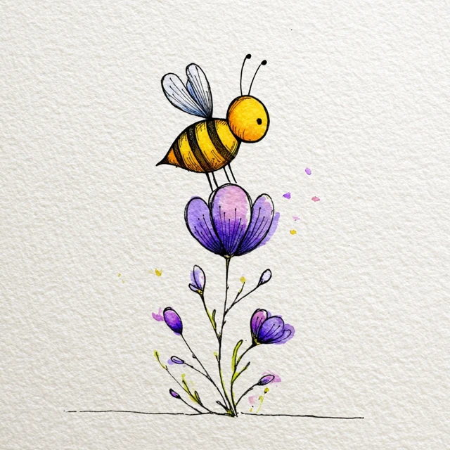 Cute Bee on Flower Childish Watercolour Illustration