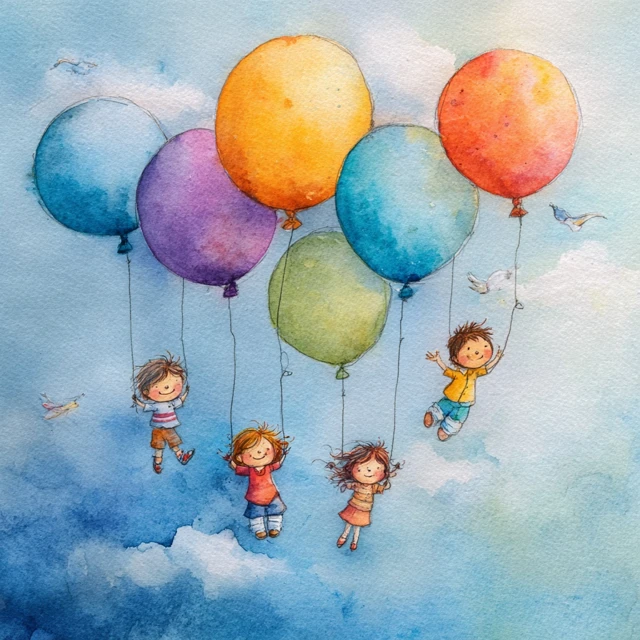 Watercolor Painting Children and Balloons