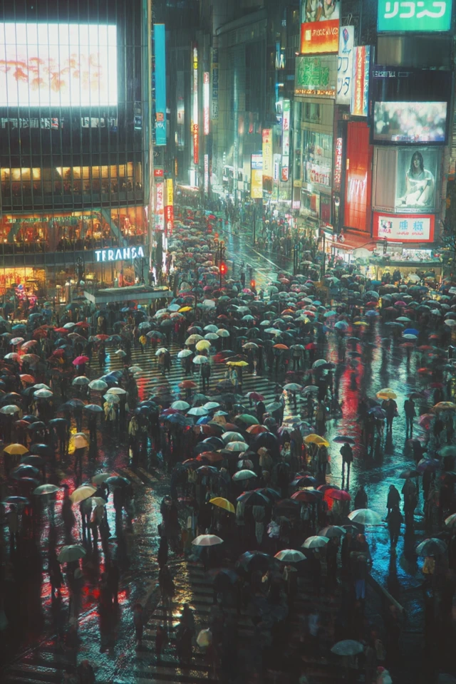 Shibuya Crossing at Night Rain and Neon Lights