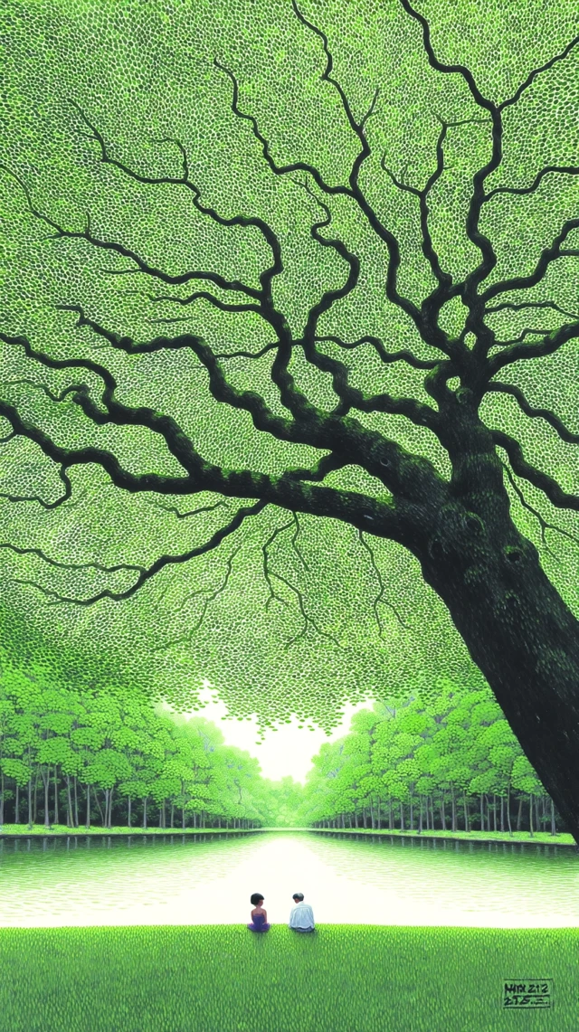 Tranquil Scene: Green Tree Painting with Figures