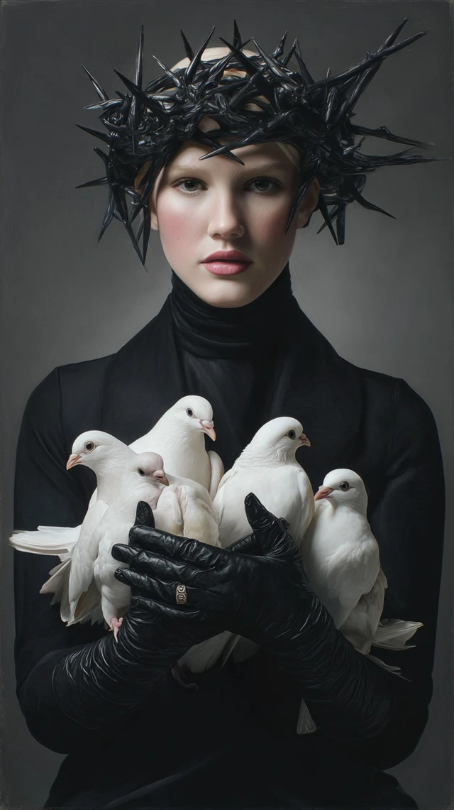 Woman with Birds and Thorns Photorealistic Portrait