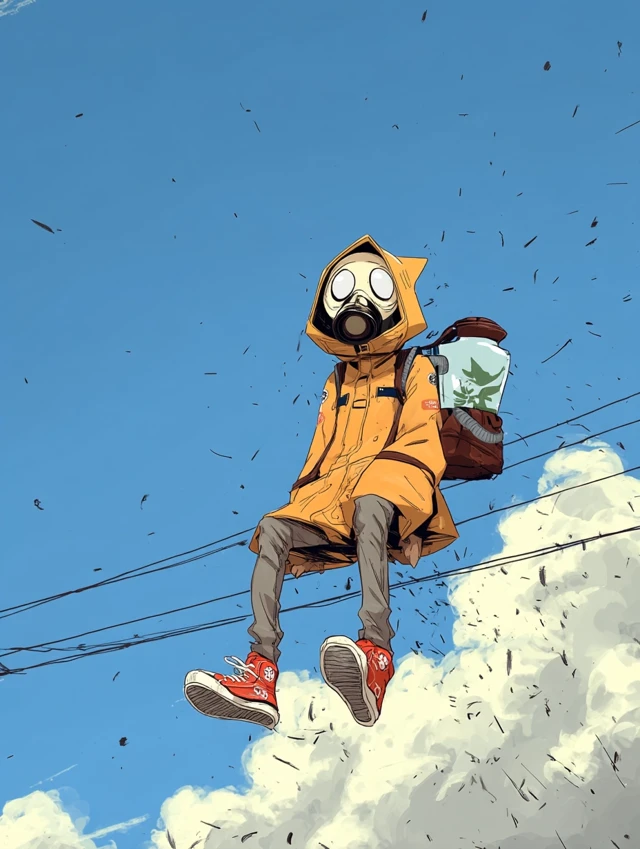 Anime Character Flying in the Sky with a Gas Mask