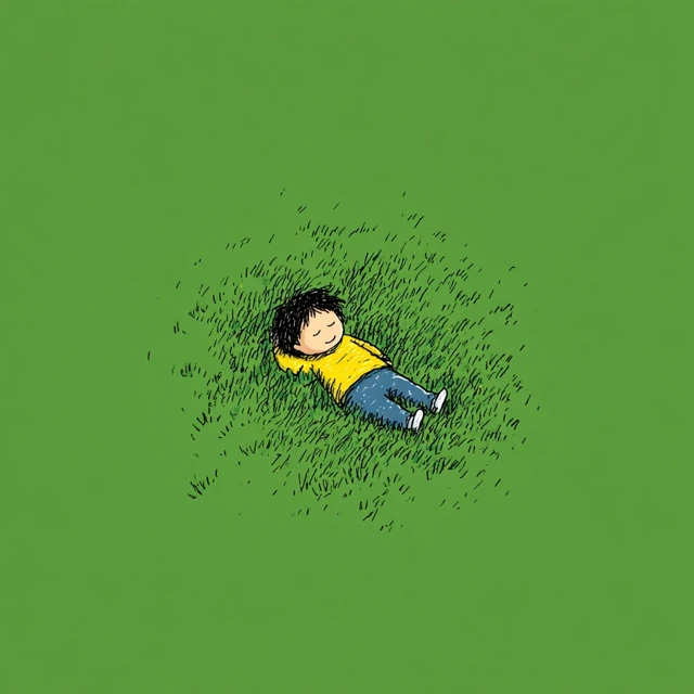 Boy Relaxing in Grass Cartoon Style Illustration