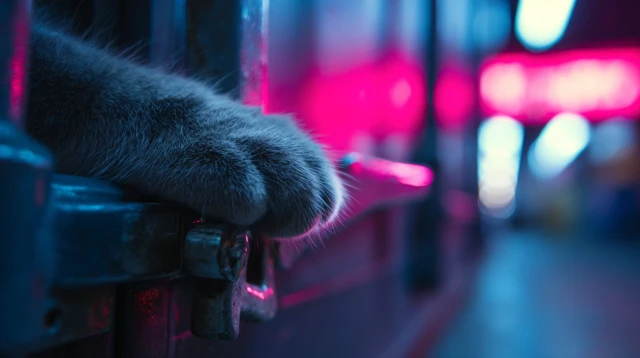 Cyberpunk Cat Paw on a Door Latch Neon Night