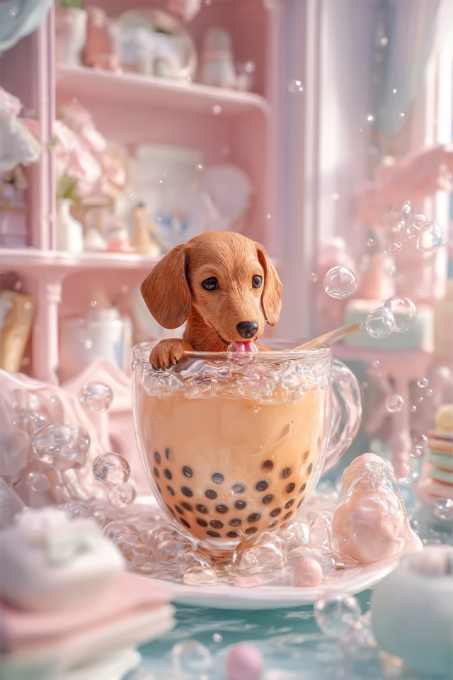 Cute Dachshund in Milk Tea Vintage Pastel Scene