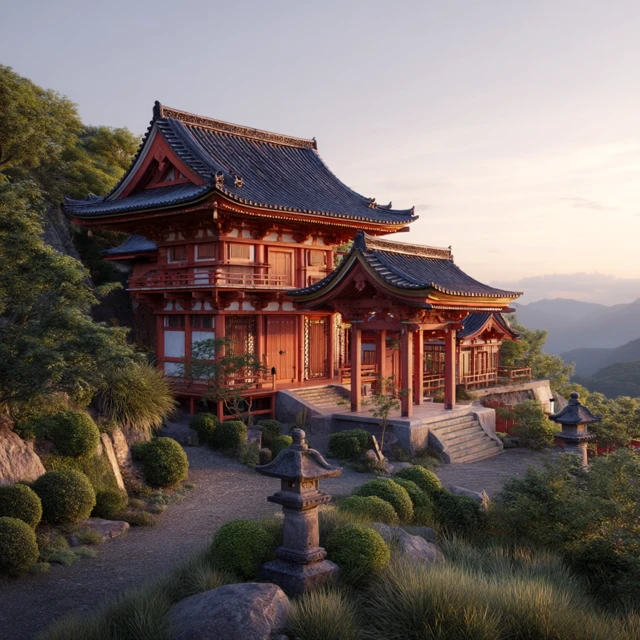 Japanese Temple at Sunset Kyoto Landscape