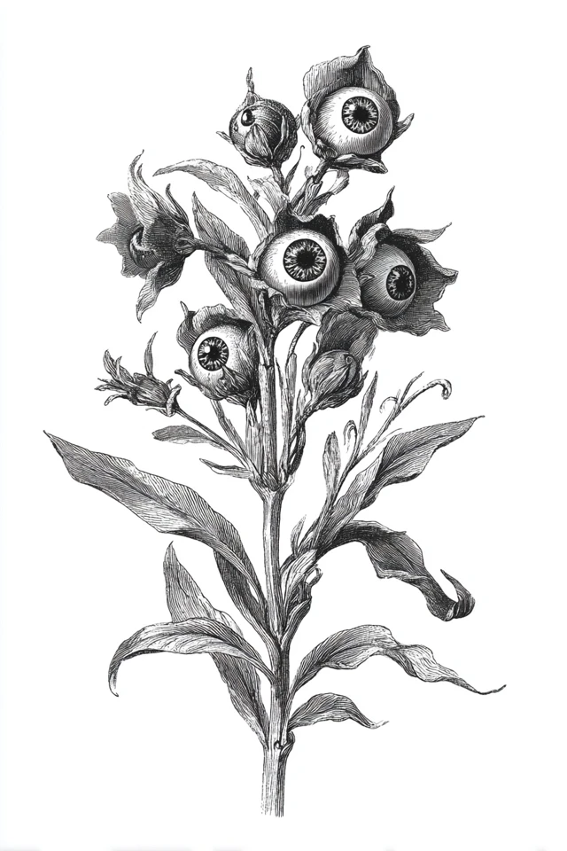 Eyeball Plant Botanical Etching Vintage Surrealism