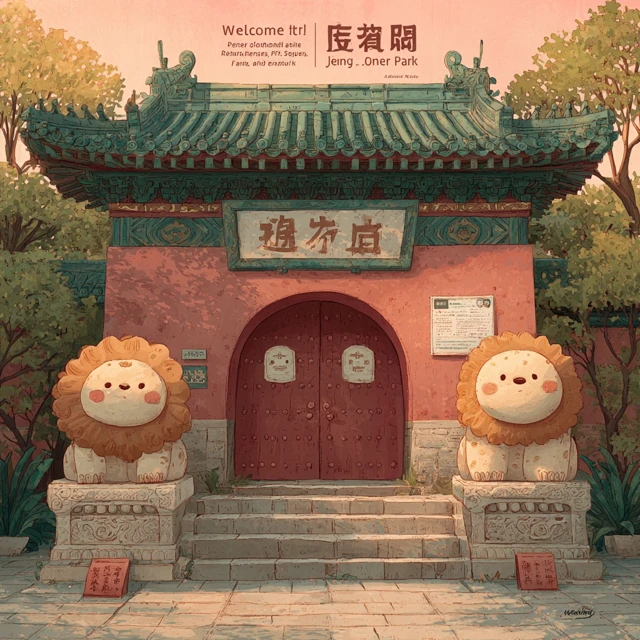 Cartoon Jingshan Park Gate with Lion Custard Buns
