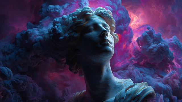 Surreal 3D Render Woman Face in Nebula Clouds