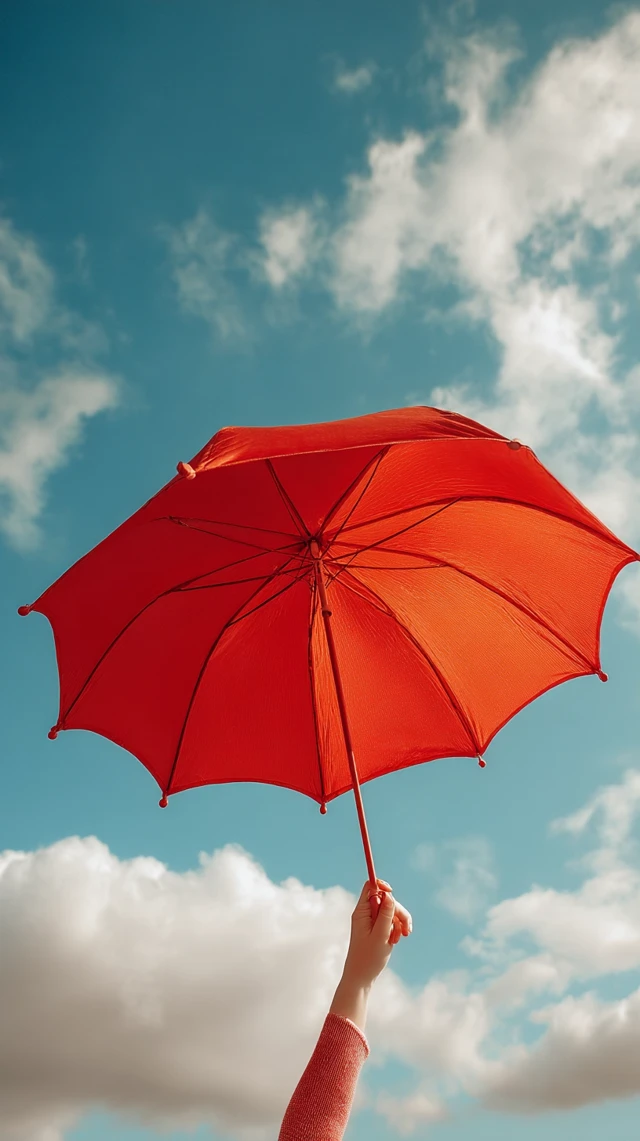 Red Umbrella Against Sky Wes Anderson Style