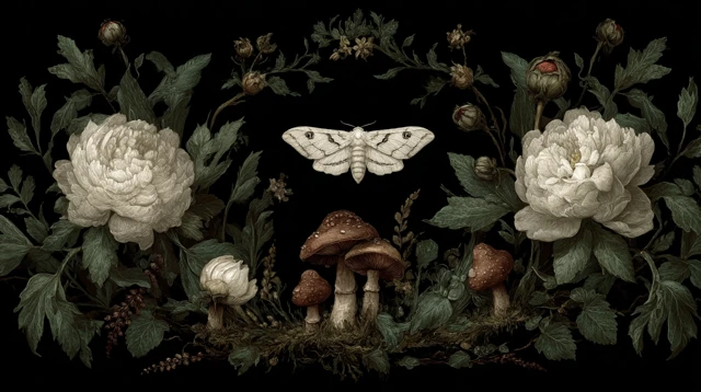 Moth and Flowers Fantasy Illustration Minimalist Style
