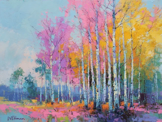 Colorful Aspen Forest Painting Inspired by Wileman