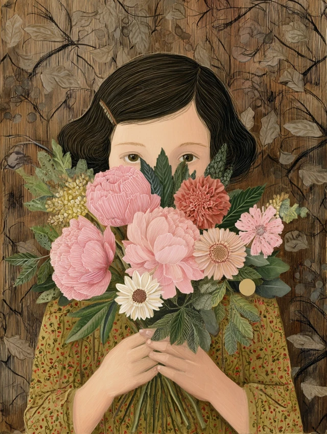 Girl with Flower Bouquet Art