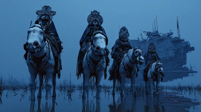 SciFi Alien Tribe Horseback Riding Under Eclipse
