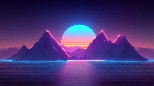 Synthwave Landscape with Neon Mountains and Glowing Sun