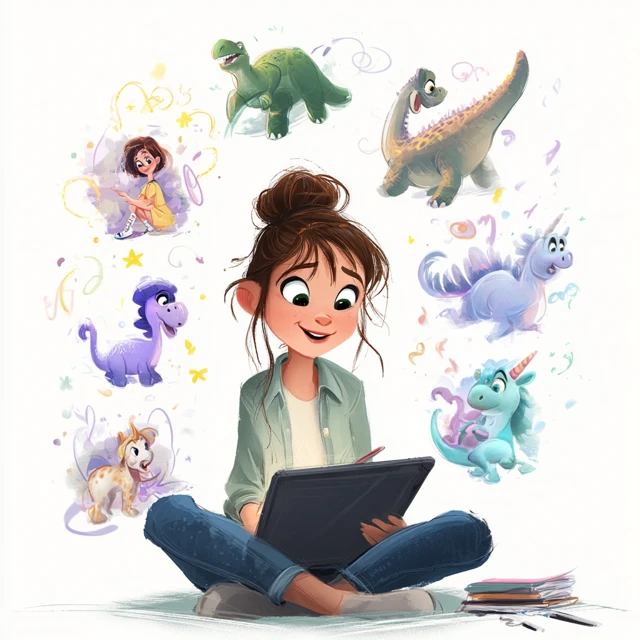 Girl Drawing Dinosaurs Unicorns and Princesses Cartoon Art