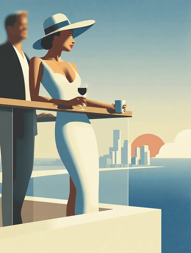 Balcony Sunset Couple with Coffee Minimal Illustration