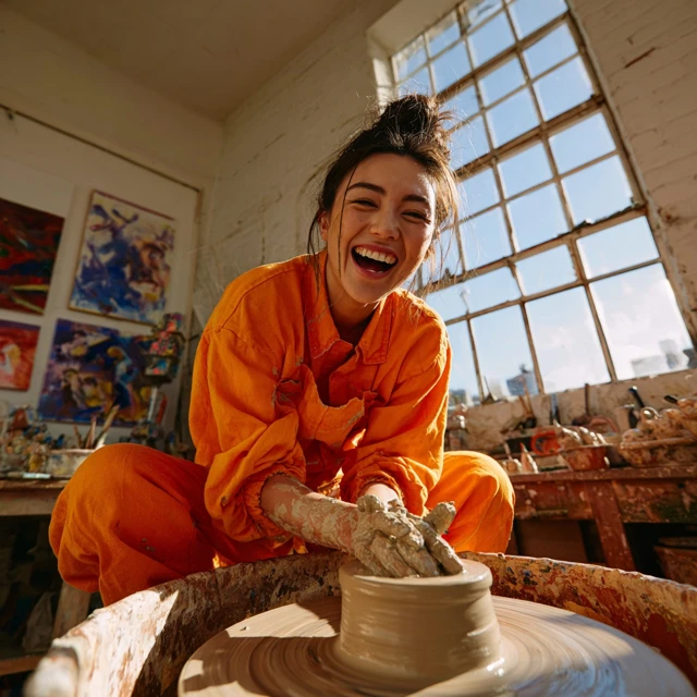 Asian Woman Pottery Making Fun in Ceramics Class