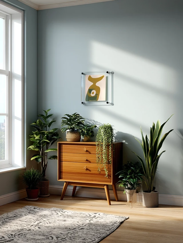 Brightly Lit Room with Floating Frame and Plants