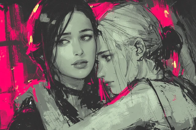 Women Embracing Anime Painting