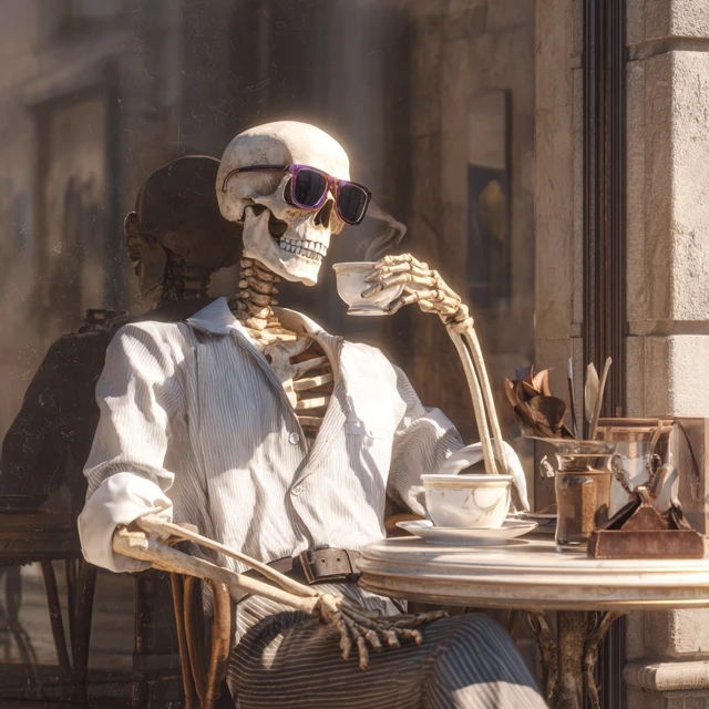 Handsome Skeleton in Madrid Cafe Drinking Coffee
