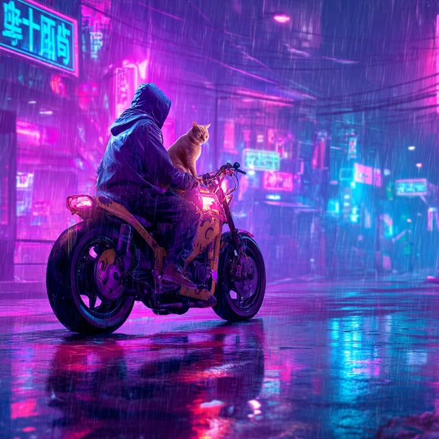 Cyberpunk Cats Riding Scooter in the Rain