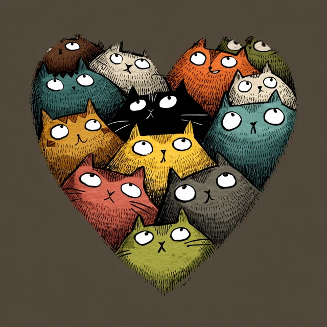 Cartoon Cat Heads Shaped as Hearts