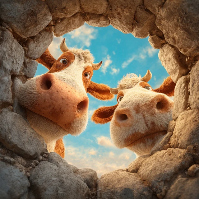 Curious Cows Through a Stone Frame 3D Cartoon