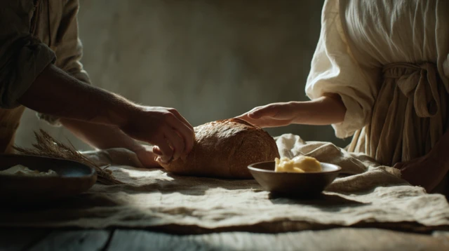 Warm Bread Slicing Soft Light Rustic Scene