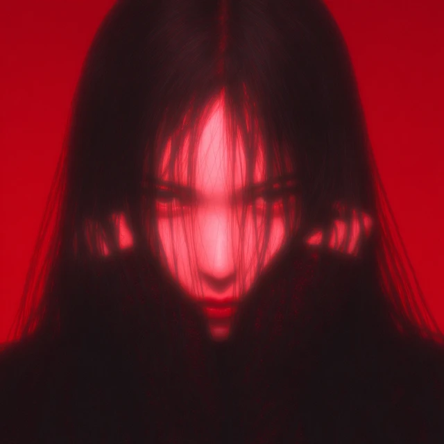 Sickly Girl with Long Black Hair in Red