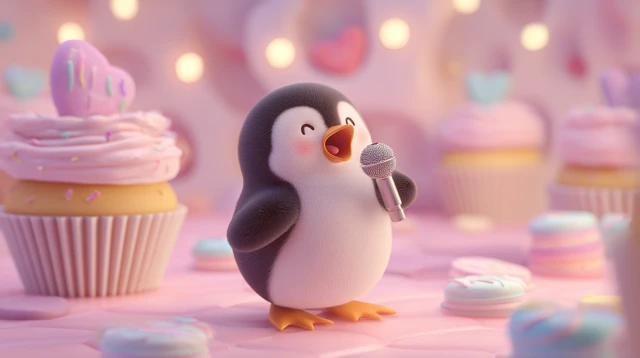 Cute Penguin Singing in a Cupcake World