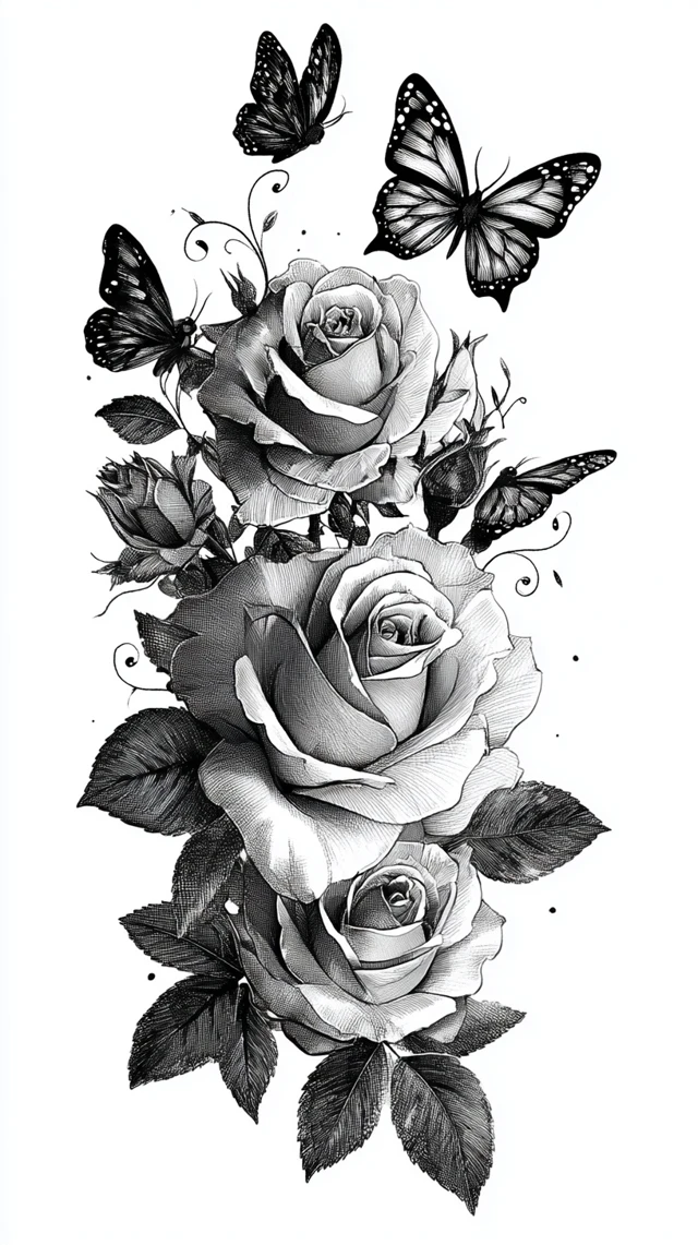 Elegant Roses and Butterflies Black Ink Illustration