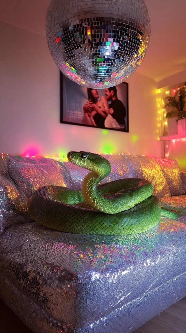 Green Snake on Sequin Sofa Retro Disco