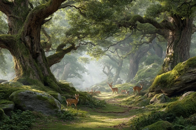 Serene Forest Clearing with Deer Sunlight and Trees