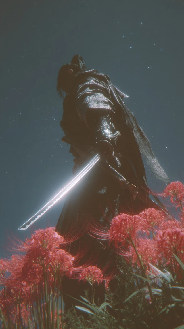 Lone Samurai in Spider Lily Valley Night Scene