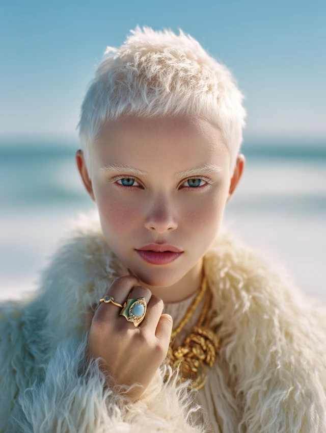 Albino Woman in Fur Coat with Jewelry Fashion Photo