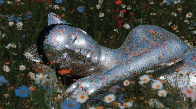 Robot Cat in a Flower Field Metallic Surreal Photo