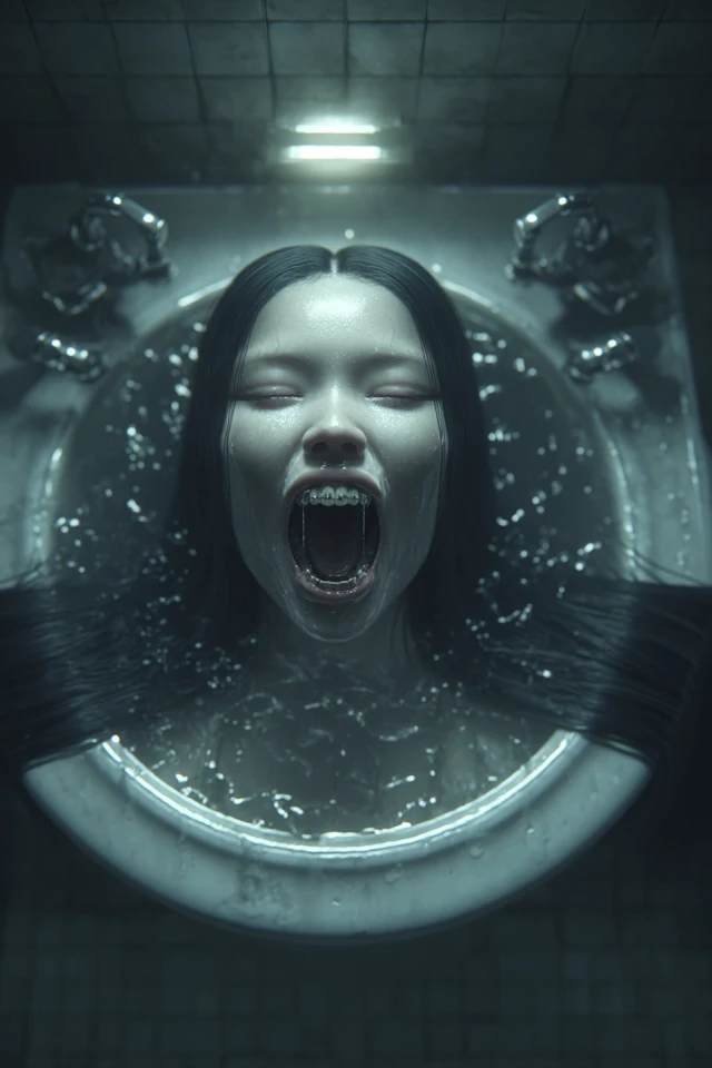 Scary Female in Bathroom Hyperrealistic Scene