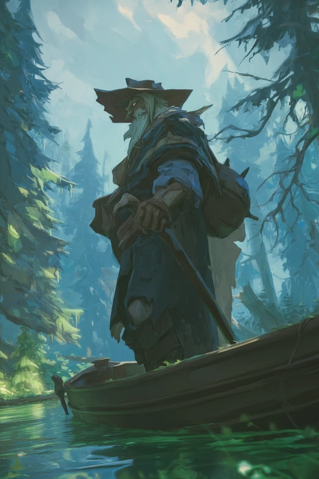 Grizzled Fisherman on Misty Lake Fantasy Art