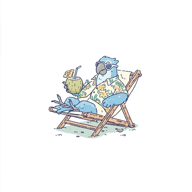 Cute Cartoon Parrot on Vacation Drinking Coconut Juice