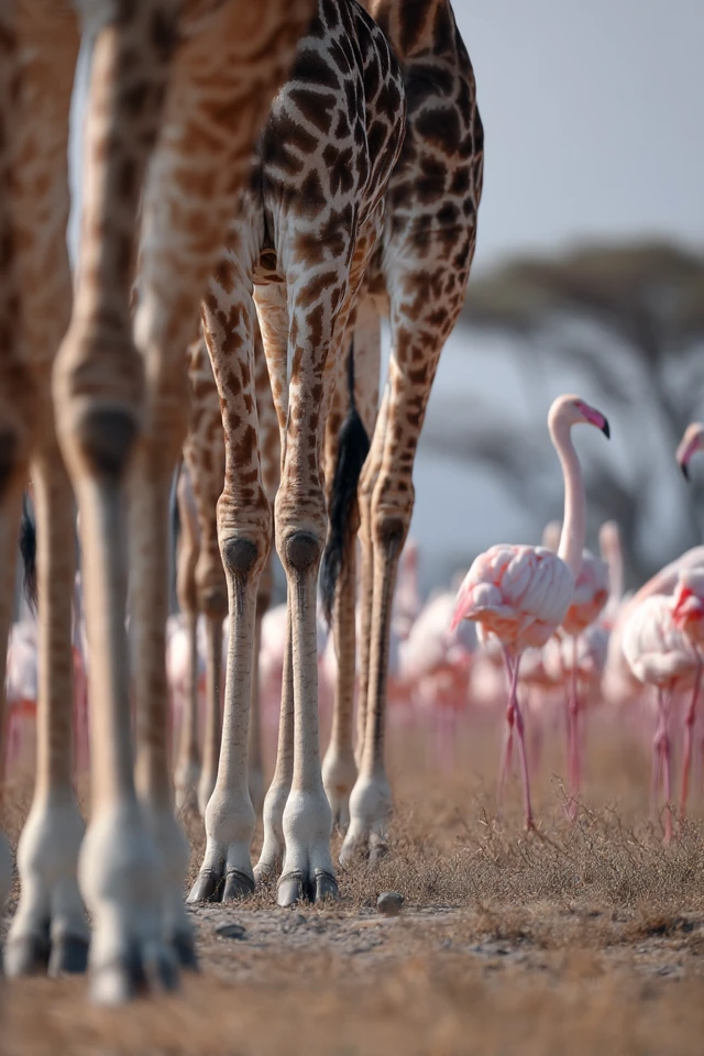 Giraffes and Flamingos in the Savanna Landscape