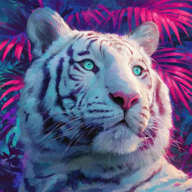 White Tiger with Teal Eyes Neon Palm Leaves