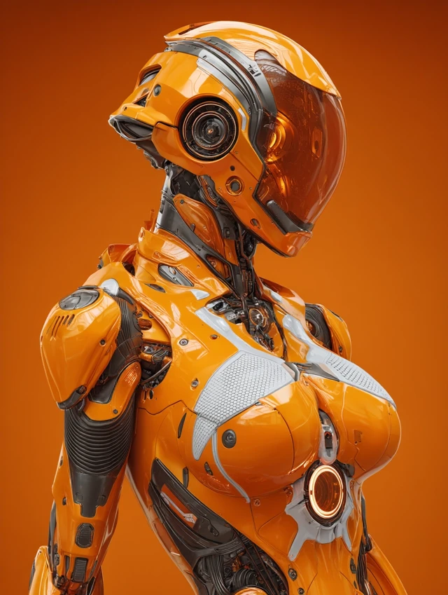 Futuristic Android: Orange Chrome Armor and AI Core