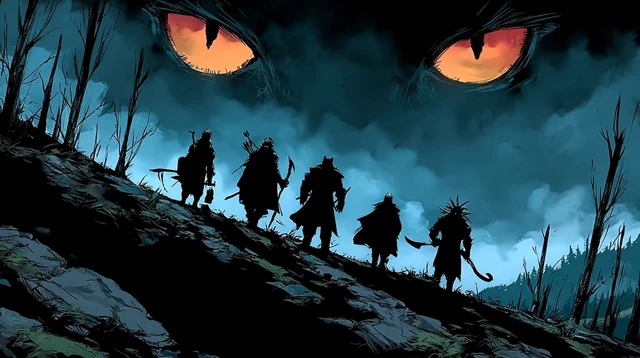 DND Dark Fantasy Illustration with Heroes and a Monster